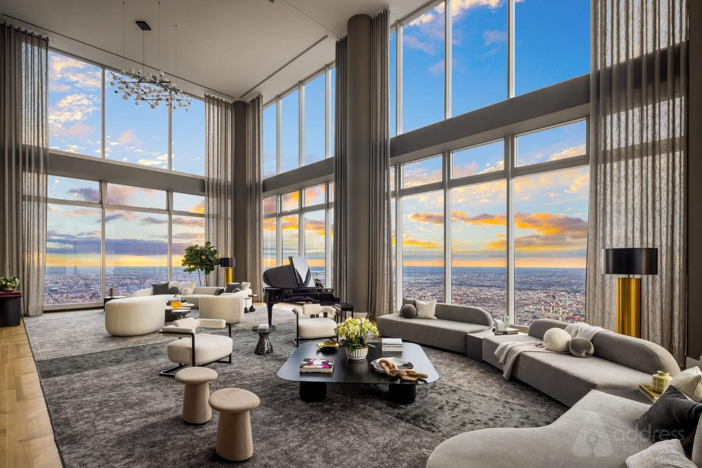Luxury high-rise apartment interior with panoramic city view